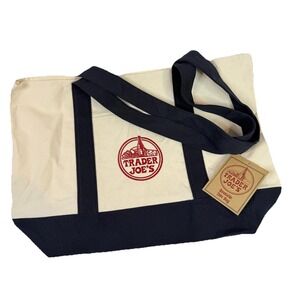 NWT Trader Joe's LARGE Canvas Tote Bag Cream Navy Reusable Grocery Beach Book